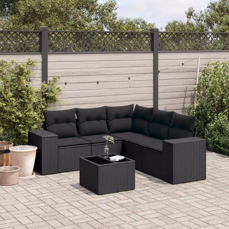 vidaXL Set Divano da Giardino a L 6 pz in Polyrattan Nero con Cuscini e Tavolino da Esterno