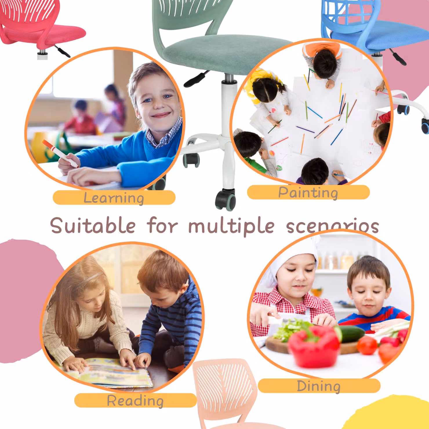 Sedia da scrivania rosa, regolabile, senza braccioli, ideale per la cameretta dei bambini