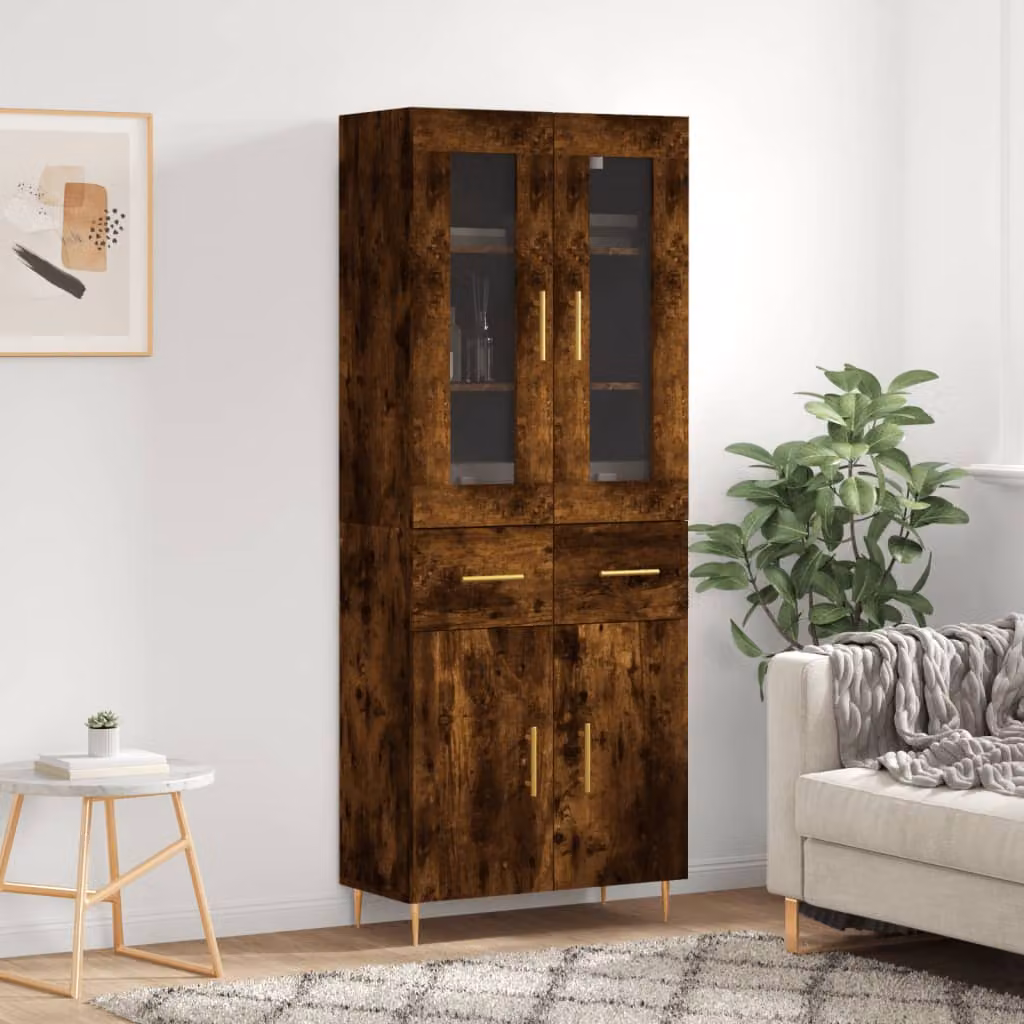 Credenza moderna vidaXL in legno rovere fumo con ante in vetro, L: 69,5 cm, P: 34 cm, H: 180 cm