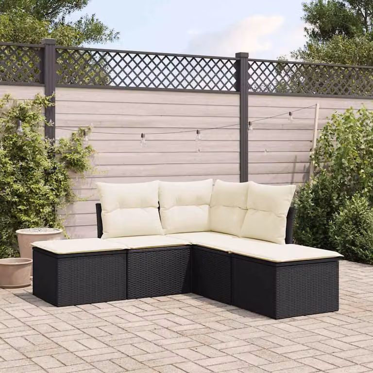 Set di Divani da Giardino vidaXL 5 Pezzi a Forma di L con Cuscini, Struttura in Metallo e Polyrattan Nero e Bianco