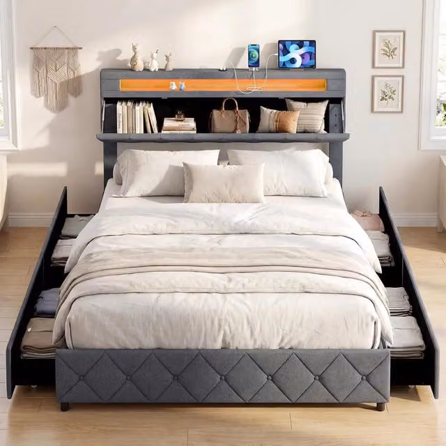 Letto Matrimoniale 160x200 cm, con Luci LED e Porte USB, Letto Piattaforma Rivestito con Cassetti e Testiera Regolabile con Spazio di Stoccaggio, Doghe in Legno