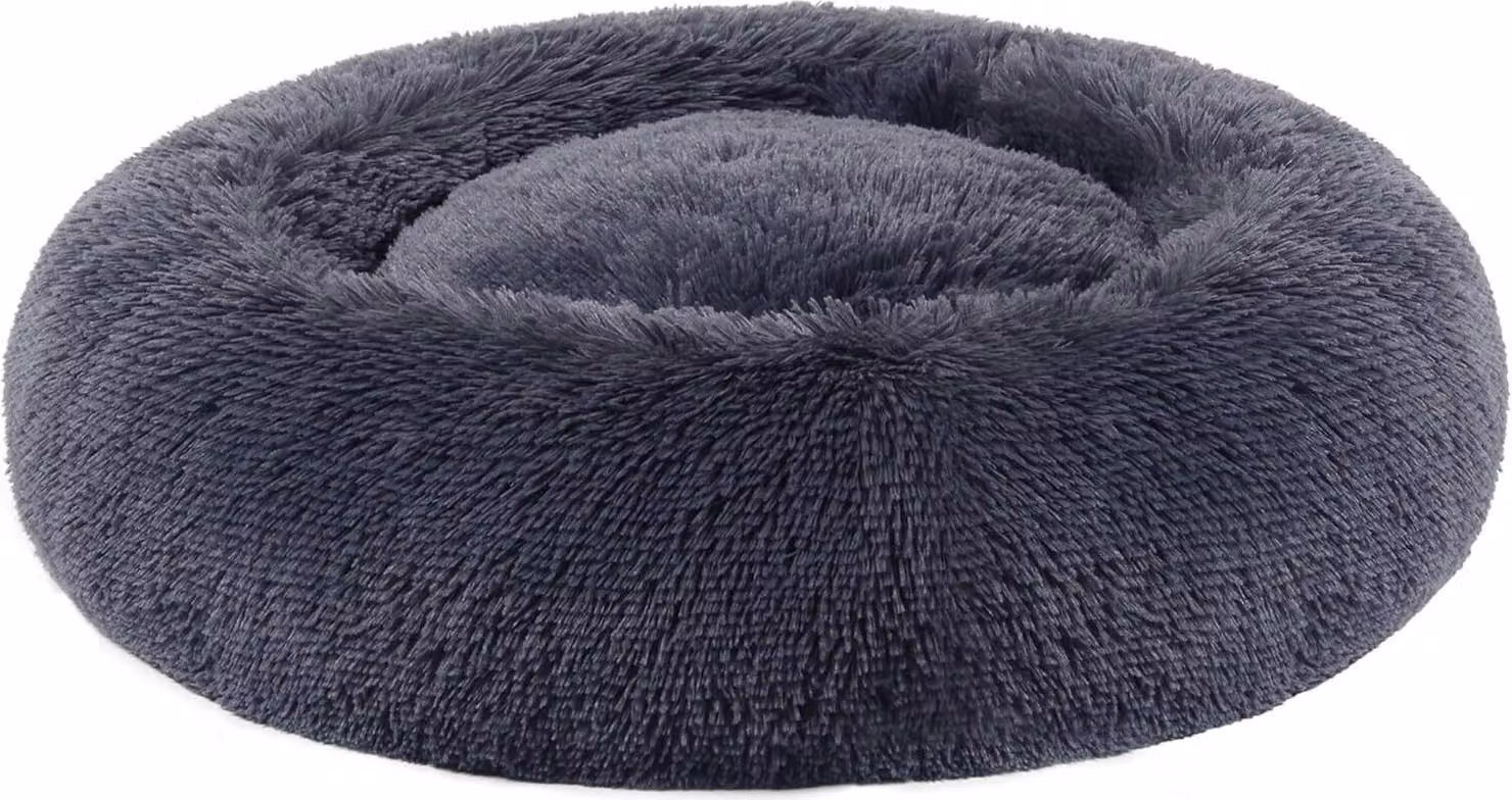 Lettino per cani Feandrea, cestino per gatti, cuscino a ciambella, lavabile, imbottitura centrale rimovibile, peluche lungo, diametro 50 cm, grigio scuro