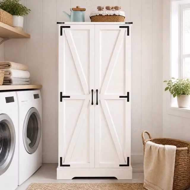 Credenza da cucina in stile country in MDF bianco con illuminazione LED integrata L/P/H: 60 x 35 x 128,5 cm