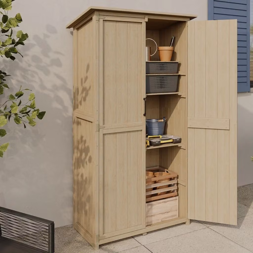 IDMarket Armadio da giardino in legno di pino marrone e beige con doppia anta, ripiani interni e tetto inclinato L/P/H: 90 x 50 x 160 cm – 2