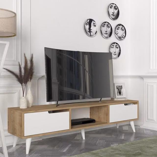 Mobile TV Kullila en.casa con vano centrale aperto e ante a ribalta, design moderno in effetto legno e bianco, L: 160 cm, P: 40 cm, H: 35 cm
