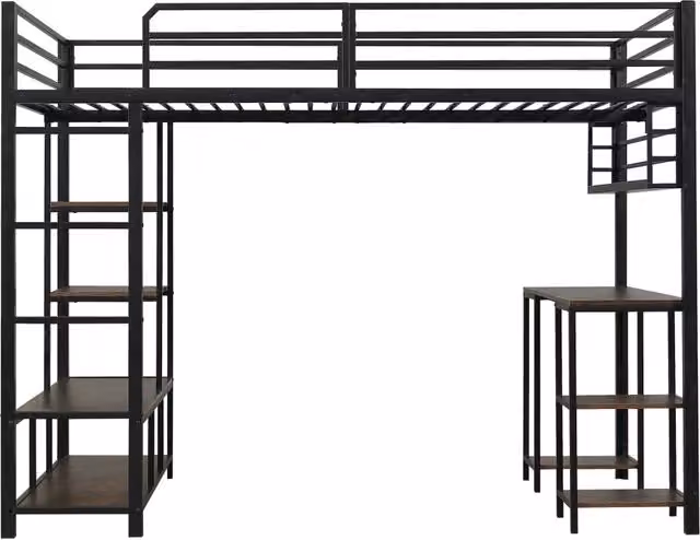 LETTO a soppalco 120x200 cm con scrivania integrata, nero e noce scuro