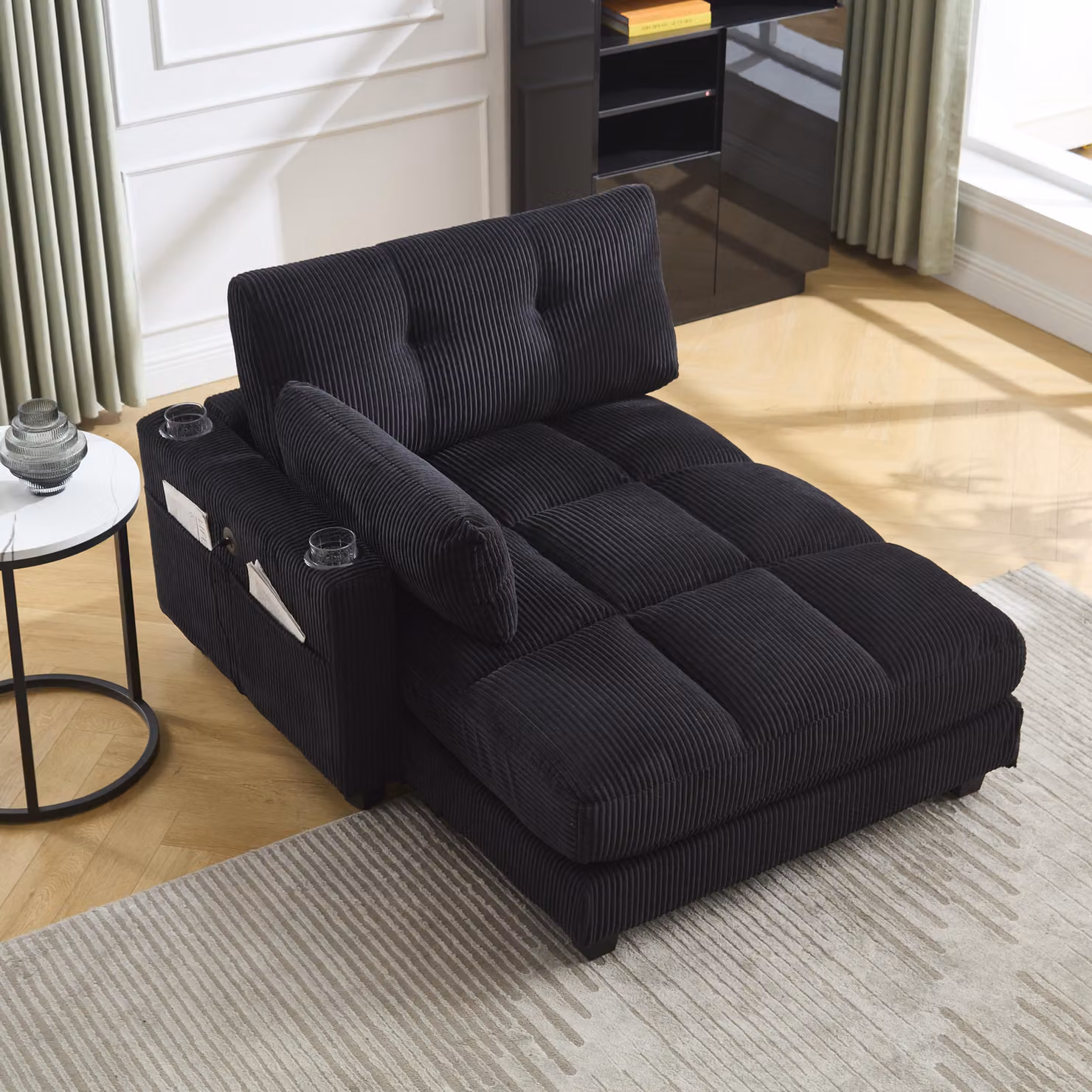 LVHOM chaise longue con porta USB e portabicchieri, poltrona reclinabile con tasche laterali, poltrona singola da pavimento, schienale regolabile, nero