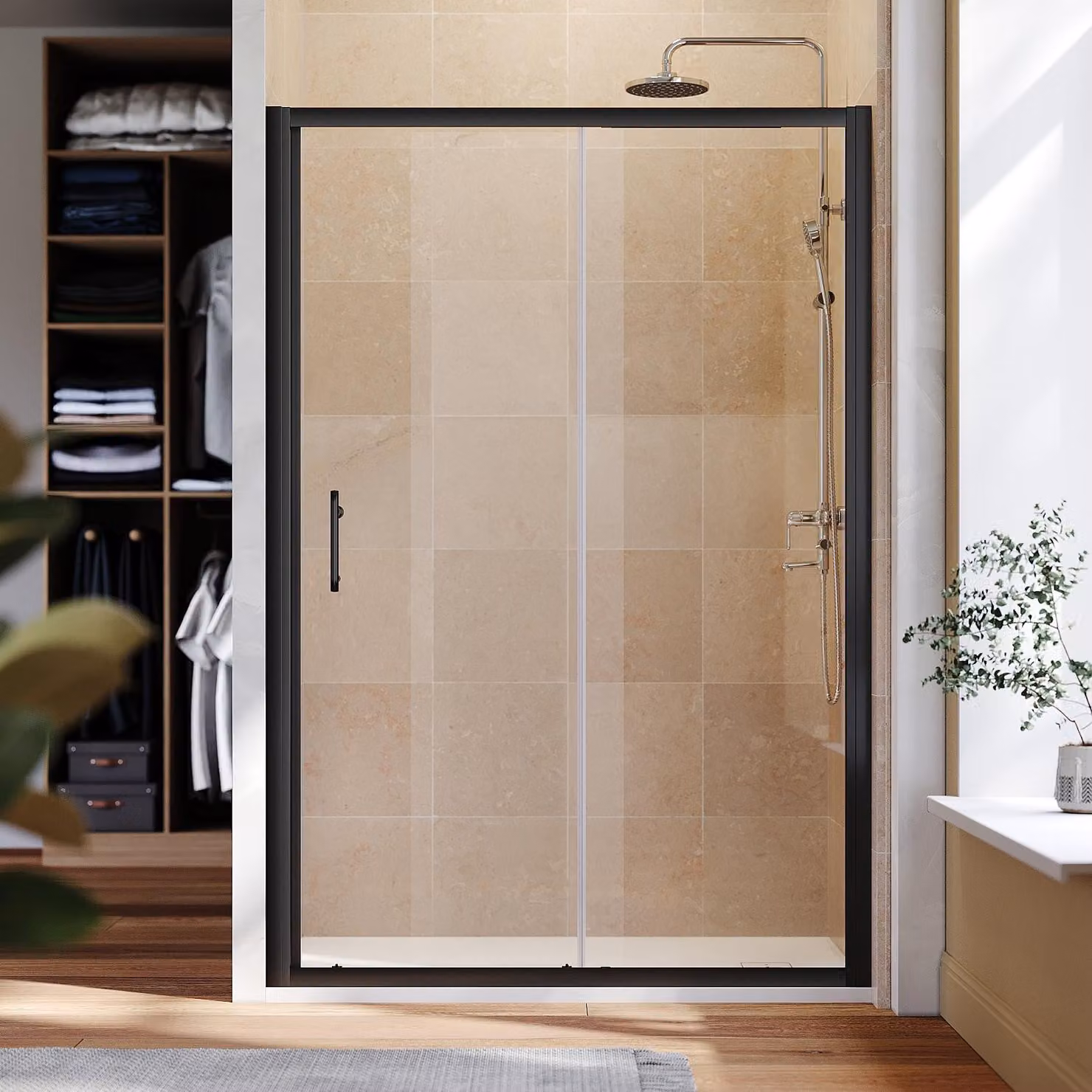 Cabina doccia SONNI 120 x 185 cm in nero opaco, porta scorrevole, binario superiore e inferiore, vetro da 5 mm, telaio della porta con posizione di regolazione -20 mm