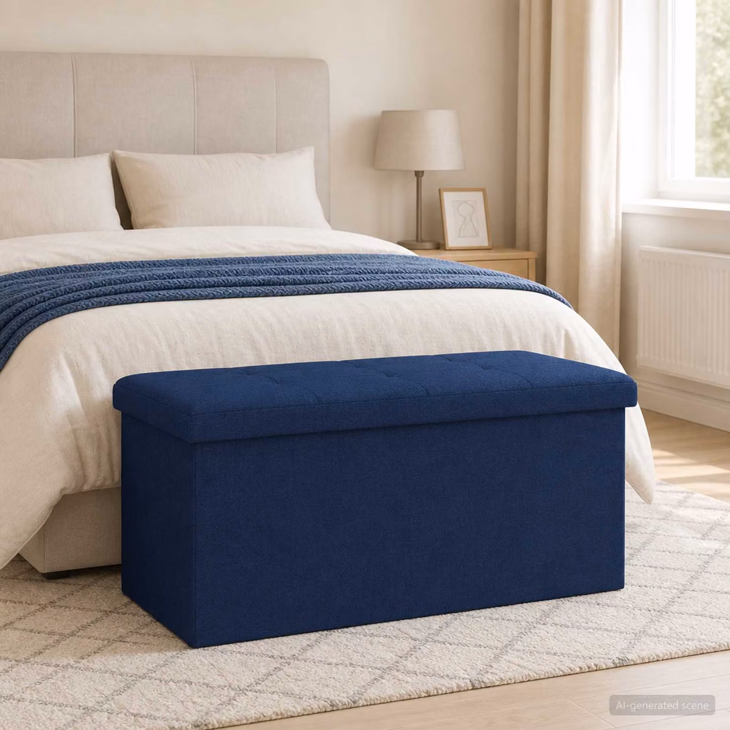 Panchina di stoccaggio pieghevole vidaXL in lino blu con struttura in MDF