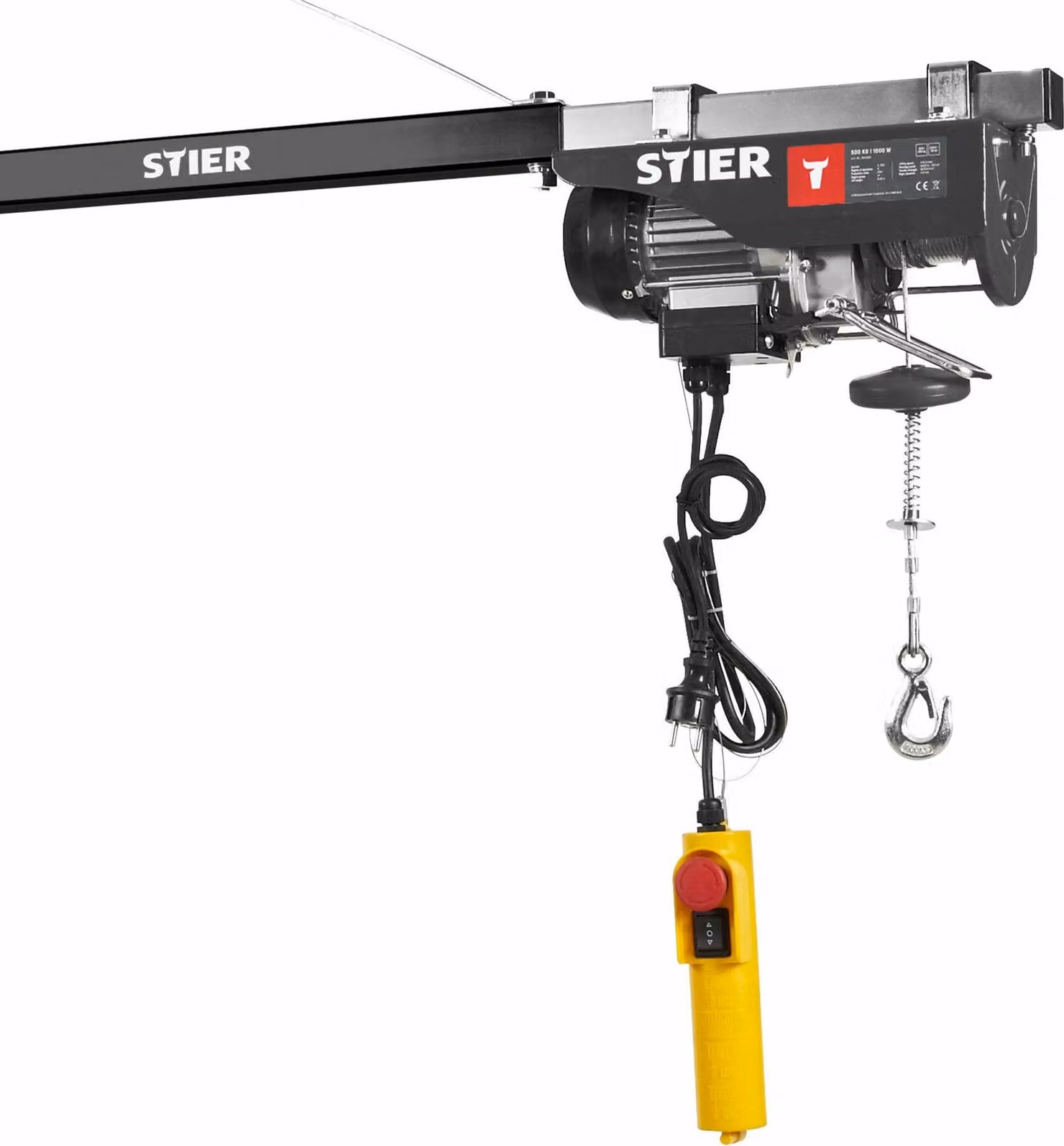 Paranco elettrico a fune STIER, portata 999 kg, potenza 1600 W, altezza di sollevamento fino a 12 m, incl. staffa di montaggio, facile installazione, sicurezza grazie all'interruttore di emergenza