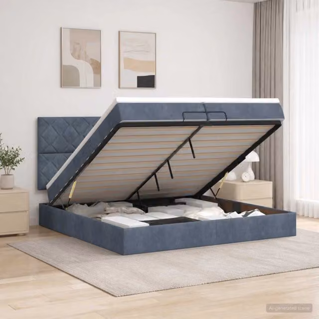 Letto ottomano moderno vidaXL in velluto grigio con base a sollevamento e materasso, L/P/H: 200 x 200 x 88 cm
