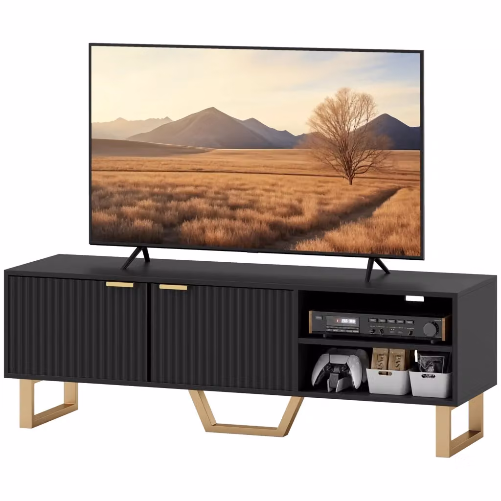 Mobile TV Zephmum per televisori fino a 70 pollici, colore bianco e legno, design moderno con vani multimediali, L: 120 cm, P: 30 cm, H: 39 cm – 2