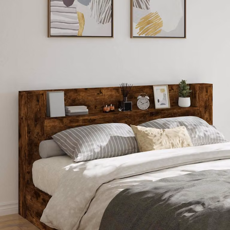 Testiera con stoccaggio e illuminazione LED vidaXL in legno ingegnerizzato Rovere Fumo, colore marrone, L: 200 cm, H: 103,5 cm, P: 26,7 cm