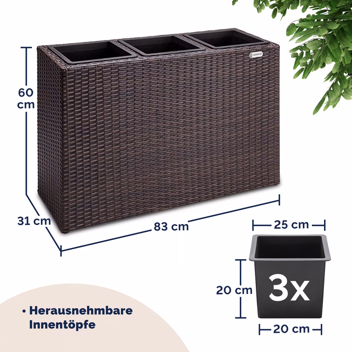 Vaso per piante Casaria marrone in acciaio e plastica L: 83 cm, P: 30,5 cm, H: 60 cm – 2