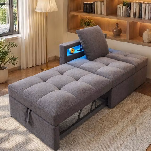 Divano letto 3 in 1 in tessuto lino; schienale reclinabile a 5 posizioni; grigio scuro; 177 cm