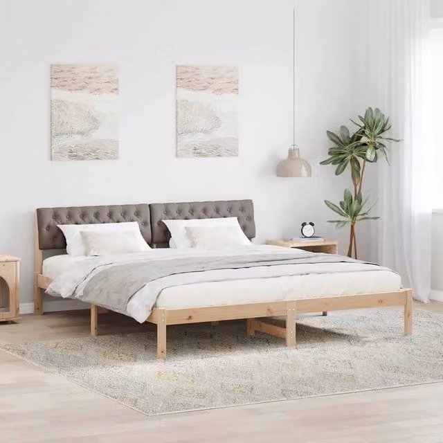 Letto moderno vidaXL in legno di pino con testiera in tessuto, colori marrone, beige e grigio, L/P/H: 180 x 200 x 78,5 cm – 1