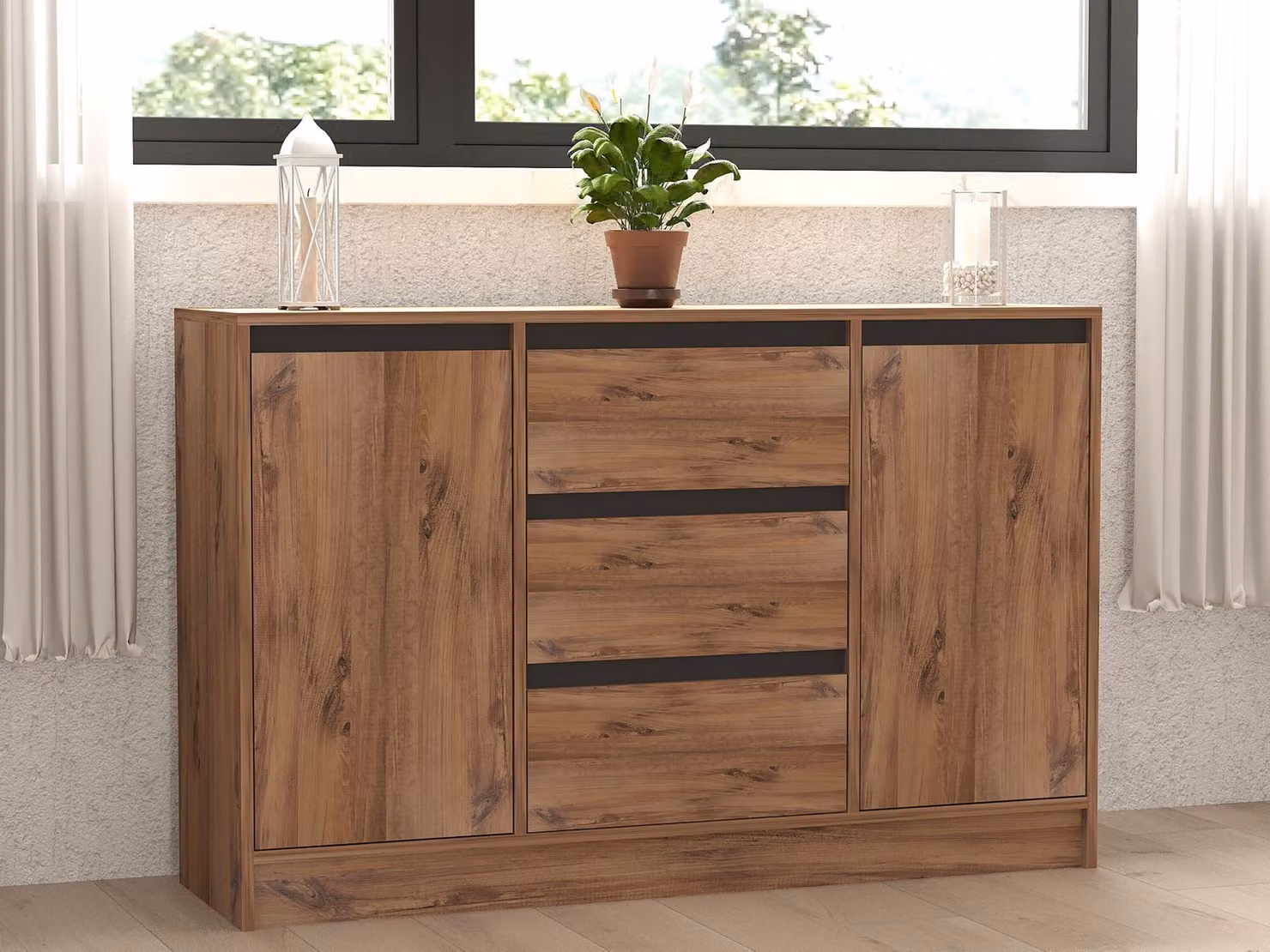 Skye Decor, Karal - Atlantic Pine, Antracite, Consolle, 100 % PANNELLI DI PARTICELLE RIVESTITI IN MELAMMINA, Pino Atlantico, 140 x 40 x 90 cm