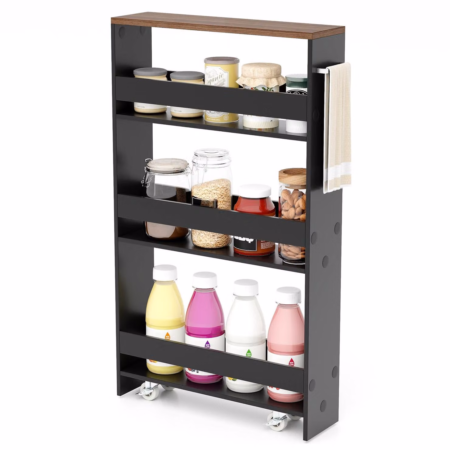COSTWAY Carrello da nicchia largo 13 cm, carrello da cucina stretto a 4 ripiani, scaffale da nicchia su ruote, carrello di servizio, scaffale da bagno in legno, 47,5x13x80,5 cm, nero