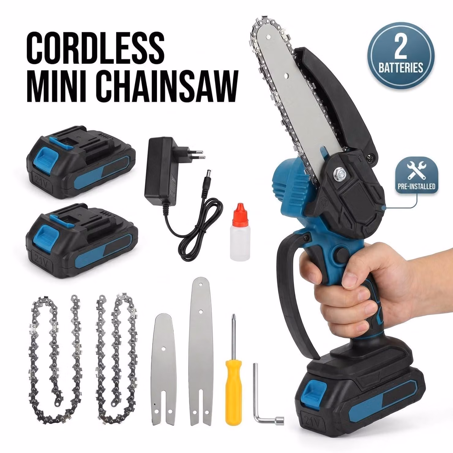 Troncatrice a batteria da 15 cm, mini motosega portatile da 21V con 2 batterie e 2 catene, motosega elettrica per potatura senza fili con lubrificazione automatica della catena, caricabatterie e olio