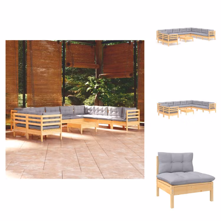 vidaXL set salotto da giardino 11 pezzi con cuscini grigi in pino massiccio - Set di mobili da giardino