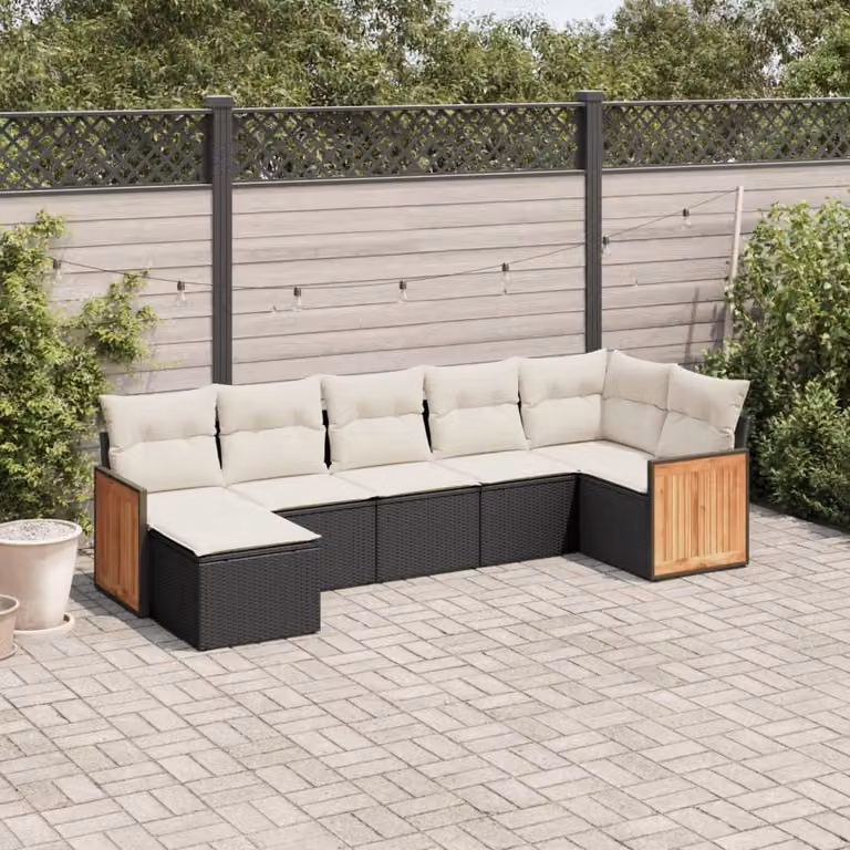 Set di Divani da Giardino vidaXL a Forma di L con 7 Pezzi e Cuscini in Polyrattan Nero