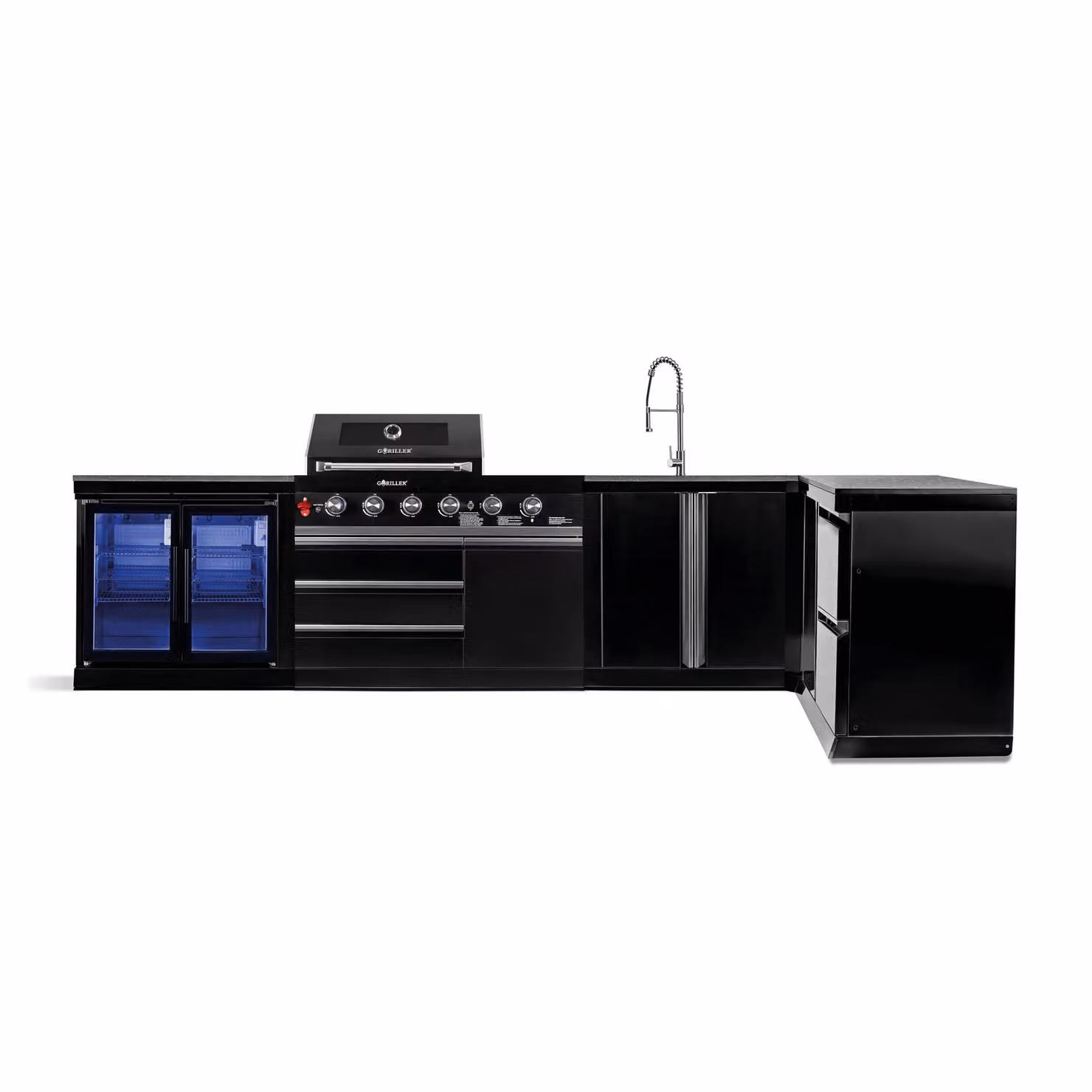 Cucina da esterno GORILLER® BLACKBACK XL3, barbecue a gas con doppio frigorifero, lavello, piano di lavoro aggiuntivo, spazio di archiviazione, ad angolo, acciaio inox, nero