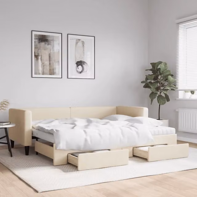 Divano Letto Estraibile con Cassetti vidaXL in Tessuto Beige per Soggiorno e Camera da Letto L/P/H: 223 x 80 x 68 cm – 1