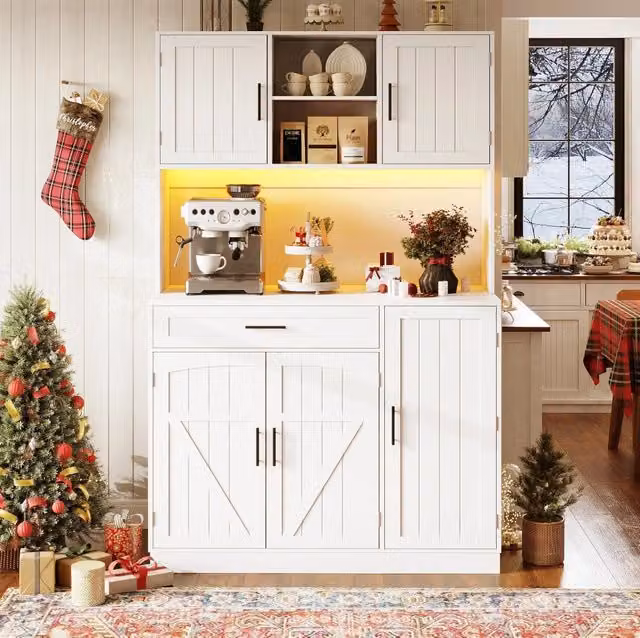 Mobile credenza da cucina con LED; prese e USB 110x38x180 cm in MDF bianco