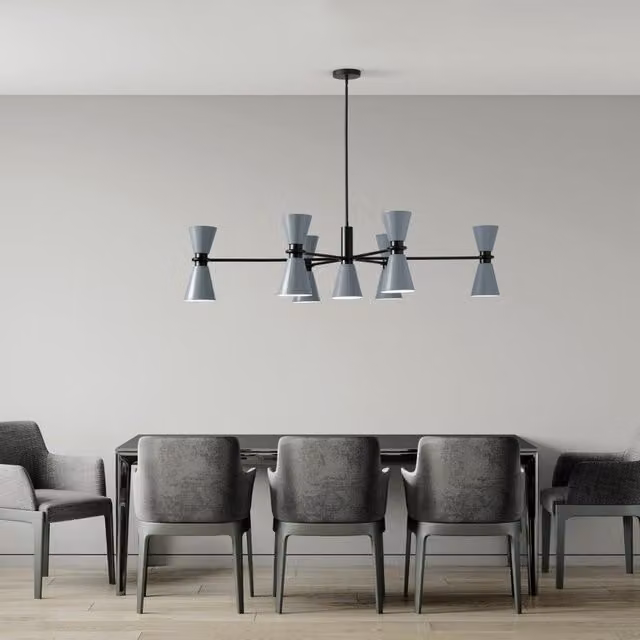 Lampadario Design Graal MILOOX con paralume in vetro azzurro e struttura in metallo nero, ø 133 cm, 13 x E27