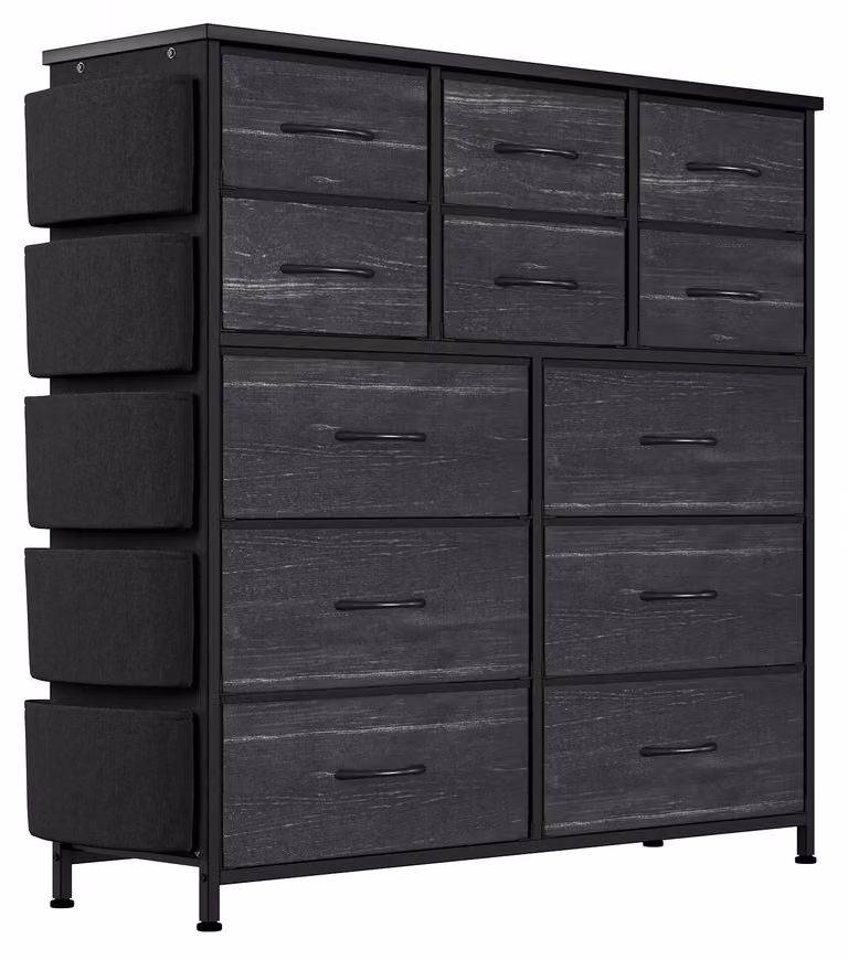 Comodino con 12 cassetti, dimensioni 99x30x110 cm, contenitore in tessuto, organizer, legno di salice nero