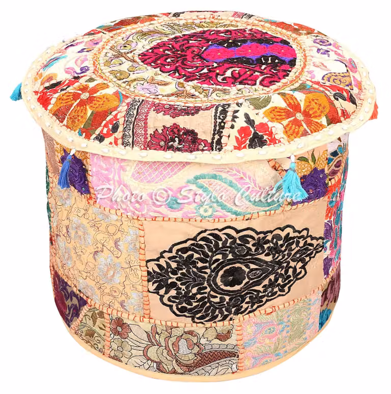Copertura per pouf in stile ottomano, beige, patchwork, in cotone, 45x33 cm