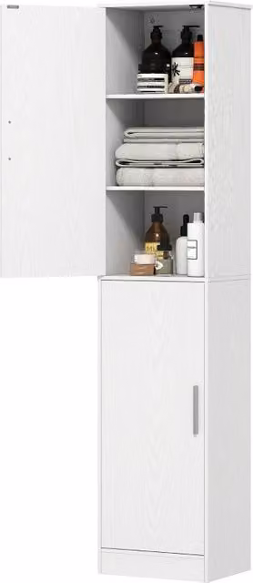 Armadio alto da bagno stretto bianco 40x35x180 cm, 2 ante con ripiani regolabili, per bagno e soggiorno