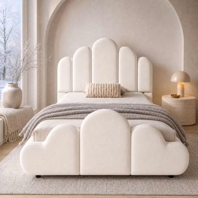 Letto singolo imbottito per bambini 90x200 cm in velluto beige con testiera arrotondata