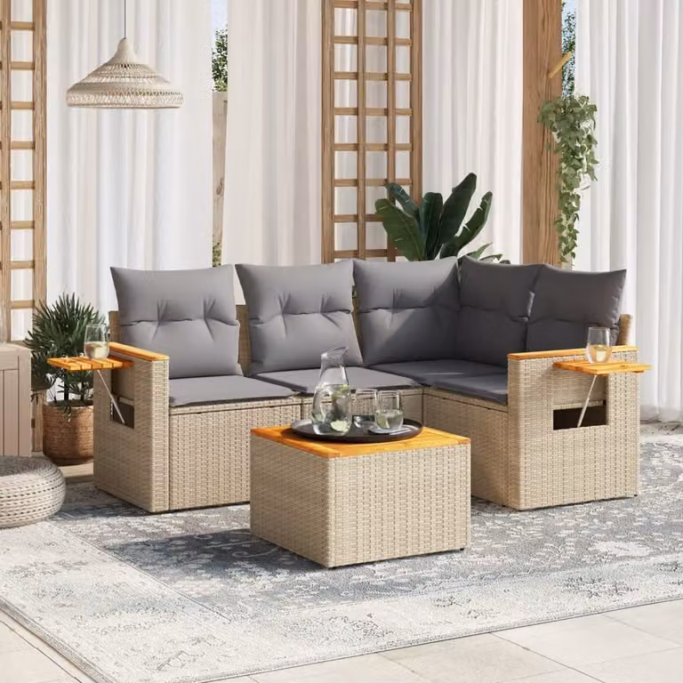 vidaXL Set Divano da Giardino a L 5 pz in Polyrattan con Cuscini Beige e Tavolino da Esterno