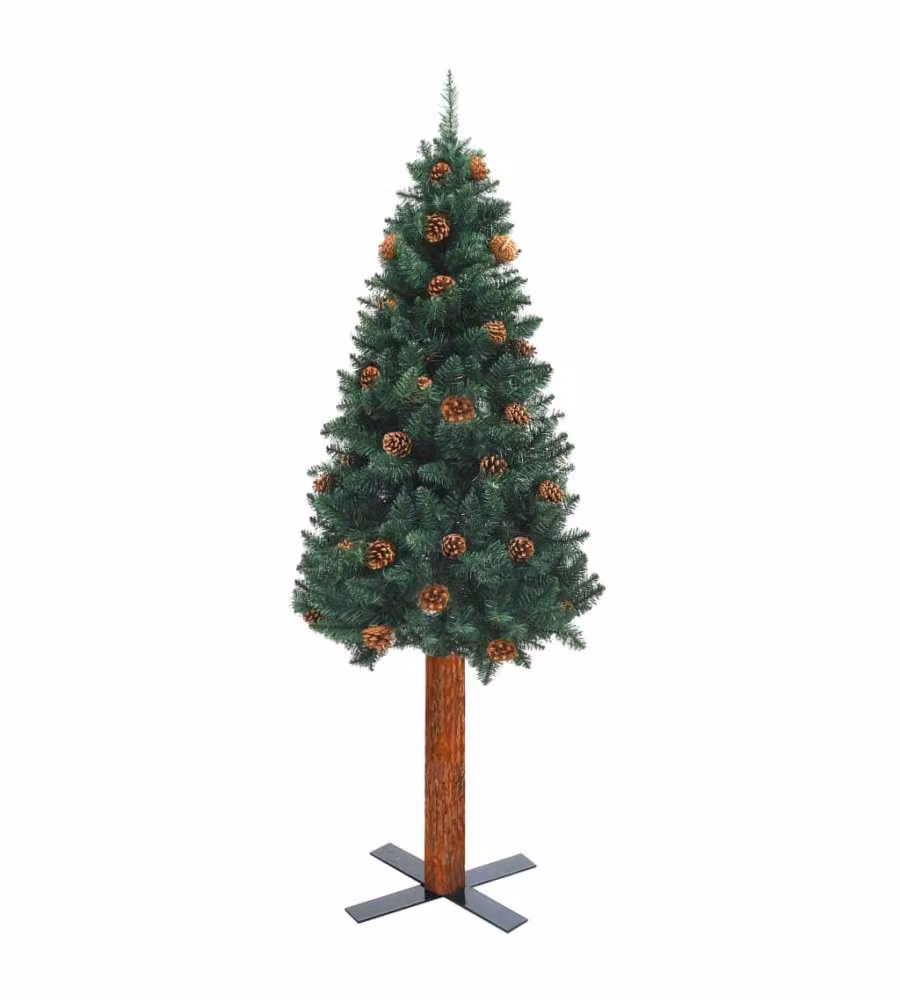 Albero di Natale sottile vidaXL verde con legno vero e pigne, Altezza: 180 cm – 2