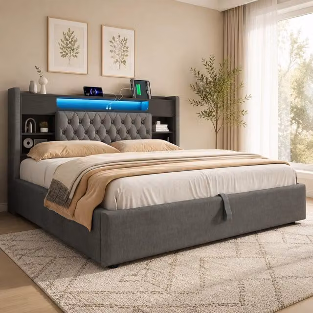 Letto matrimoniale imbottito 160 × 200 cm con vano contenitore testiera LED porte USB e USB-C tessuto di lino grigio