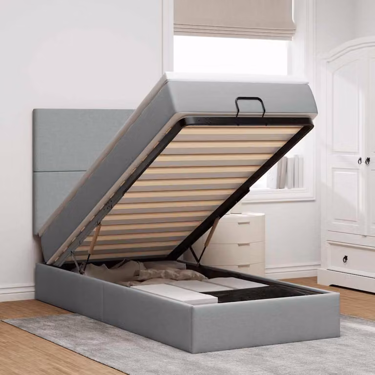 vidaXL Letto con Pouf e Materasso in Tessuto Grigio e Bianco, L: 80 cm, P: 200 cm, H: 140 cm