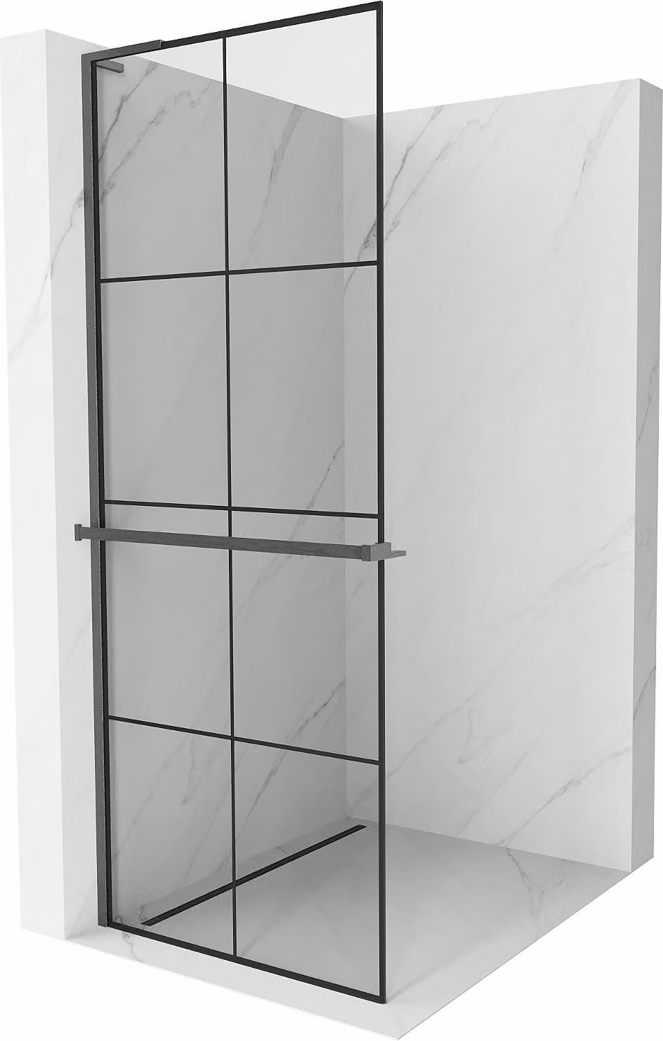 Mexen Kioto+ L parete doccia con mensola Walk-in 90 x 200 cm, griglia nera, grigio canna di fucile spazzolato