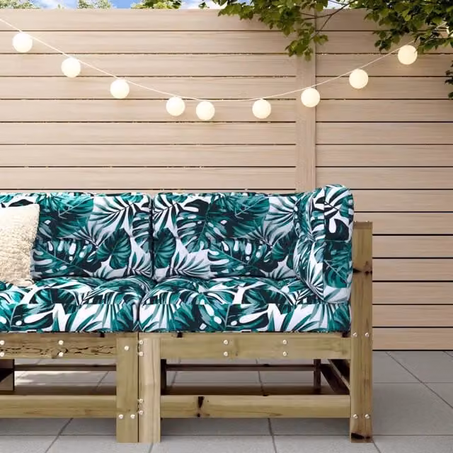 Divano Angolare Design Mania in Legno di Pino Trattato con Cuscini in Tessuto Verde a Motivo Floreale per Giardino o Soggiorno L/P/H: 220 x 160 x 63,5 cm – 1