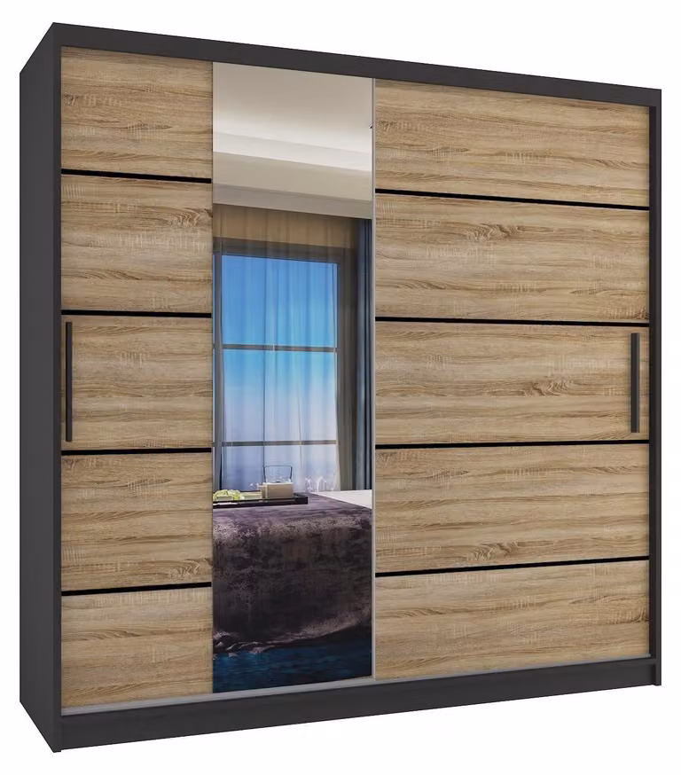 BELINI Verona, armadio scorrevole da 200 cm, nero/effetto legno noce sonoma opaco - armadio con specchio e 2 cassetti, ideale per la camera da letto