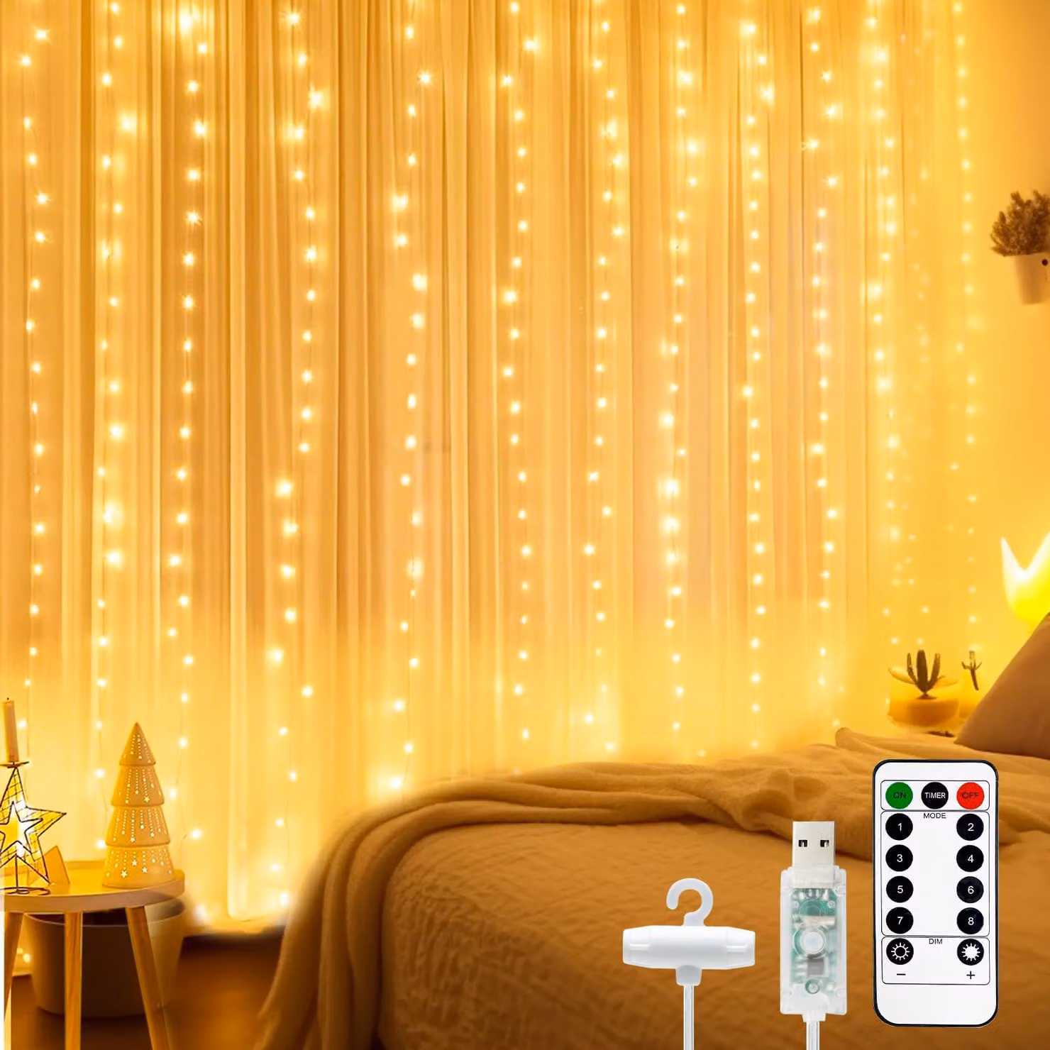 Tenda luminosa per interni, dimensioni 2x2 metri, con 200 LED, 8 modalità, timer e alimentazione USB