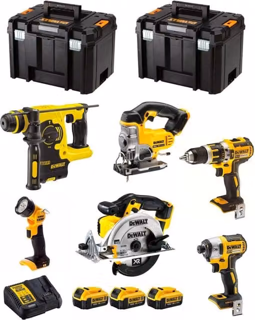 Kit DeWALT DCK699M3T con avvitatore, trapano, seghetto, avvitatore a impulsi, perforatore a percussione e 3 batterie da 4,0 Ah colore giallo