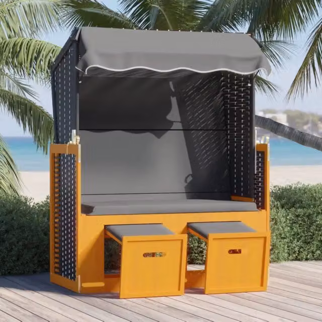 Sedia a sdraio Strandkorb vidaXL in polyrattan e legno massello con tendalino e cuscini, colore antracite