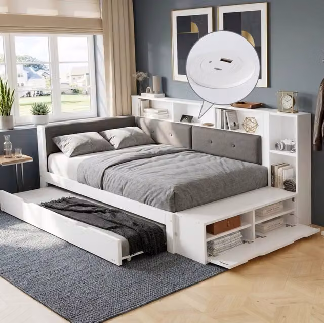 Letto in legno 120x200 cm con letto estraibile 90x190 cm; vani laterali e base di ricarica; bianco e grigio