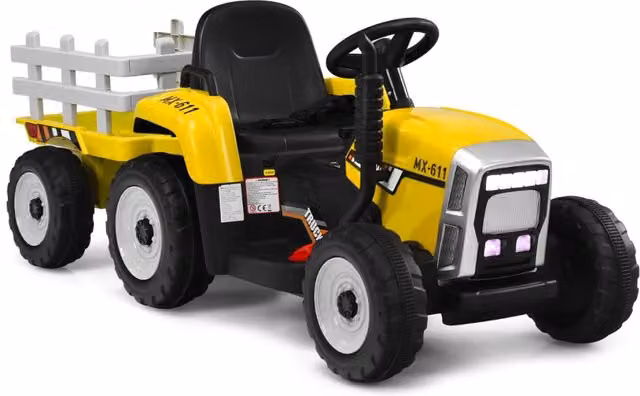 Trattore giocattolo elettrico con 3 marce luci led musica clacson, Trattore con rimorchio 12 v per bambini Giallo-Macchinine giocattoli