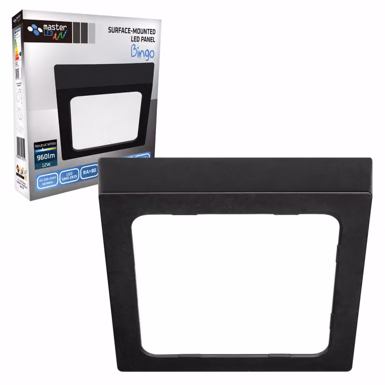 MasterLED Pannello LED 12 W quadrato nero, 4000 K bianco neutro, 960 lm, plafoniera a vista