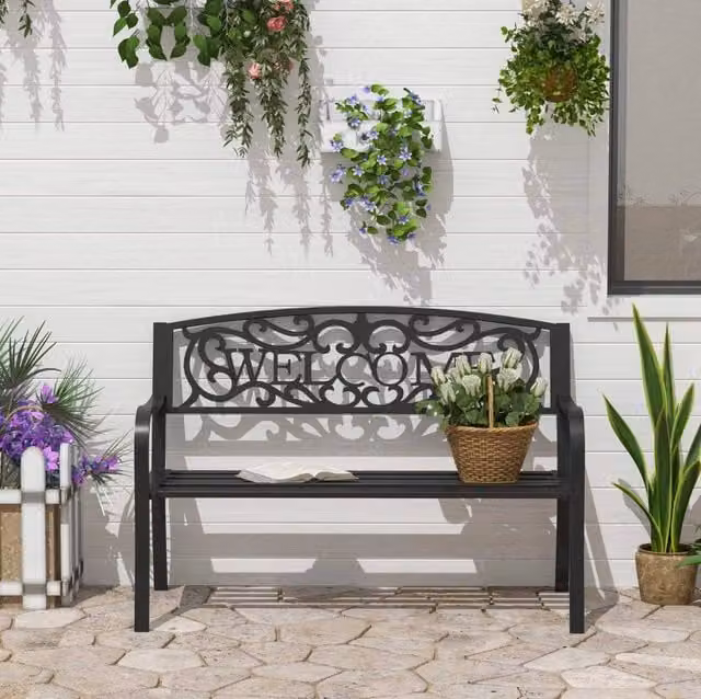Panchina da giardino a 2 posti MODFU in acciaio verniciato nero opaco con braccioli, L: 127 cm, P: 60 cm, H: 87 cm – 1