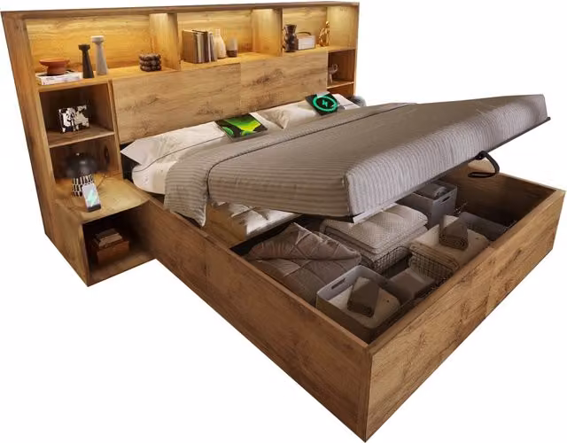 Letto contenitore matrimoniale 180x200 cm con apertura idraulica e comodini integrati, effetto rovere