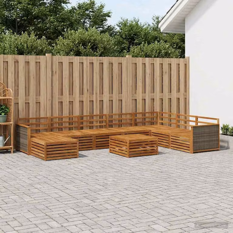 vidaXL Set di divani da esterno a L in legno di acacia massello marrone con 9 pezzi e cuscini inclusi