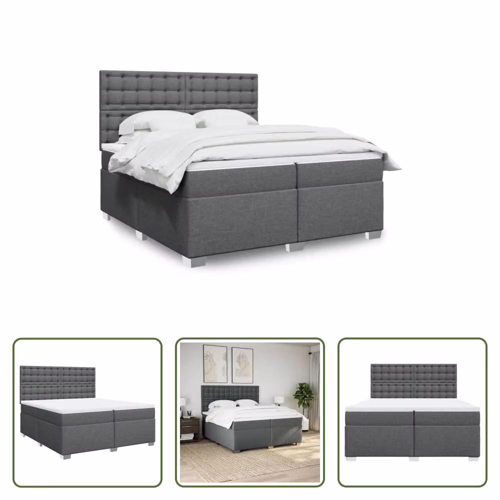 The Living Store Letto a molle con materasso grigio scuro 200x200 cm in tessuto
